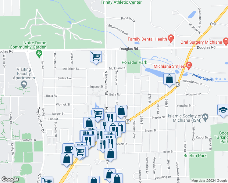 map of restaurants, bars, coffee shops, grocery stores, and more near 17965 Bulla Road in South Bend