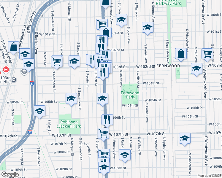 map of restaurants, bars, coffee shops, grocery stores, and more near 10416 South Emerald Avenue in Chicago