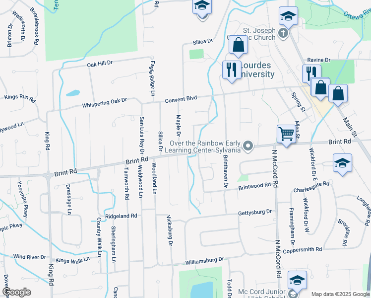 map of restaurants, bars, coffee shops, grocery stores, and more near 7022 Brint Road in Sylvania