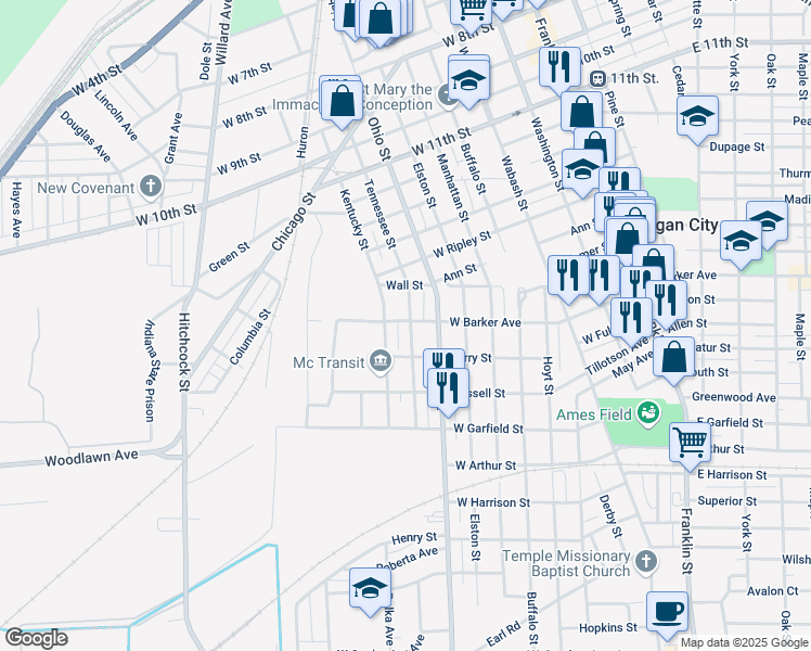 map of restaurants, bars, coffee shops, grocery stores, and more near 1701 Tennessee Street in Michigan City