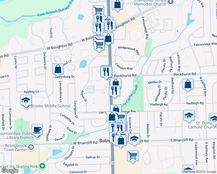 map of restaurants, bars, coffee shops, grocery stores, and more near 100 Brook Court in Bolingbrook