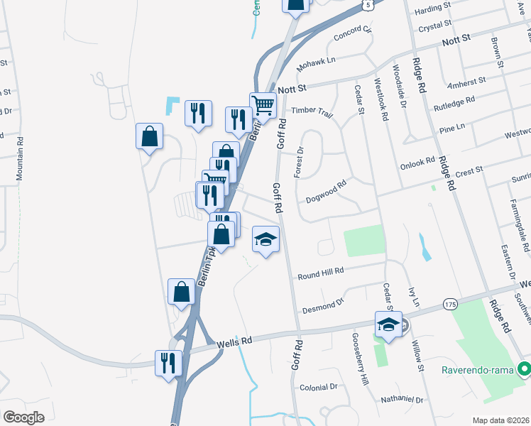 map of restaurants, bars, coffee shops, grocery stores, and more near 43 Cranston Avenue in Wethersfield
