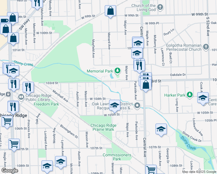 map of restaurants, bars, coffee shops, grocery stores, and more near 10308 Menard Avenue in Oak Lawn