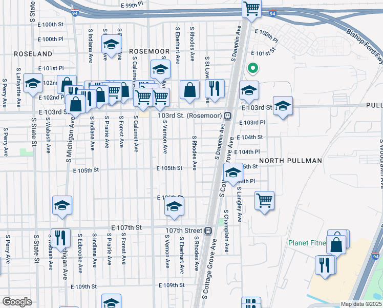 map of restaurants, bars, coffee shops, grocery stores, and more near 10430 South Rhodes Avenue in Chicago
