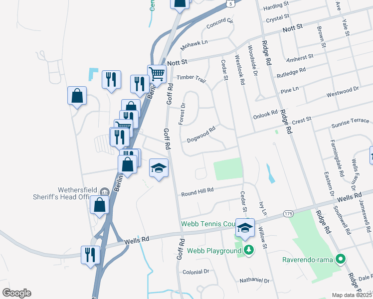 map of restaurants, bars, coffee shops, grocery stores, and more near 105 Forest Drive in Wethersfield