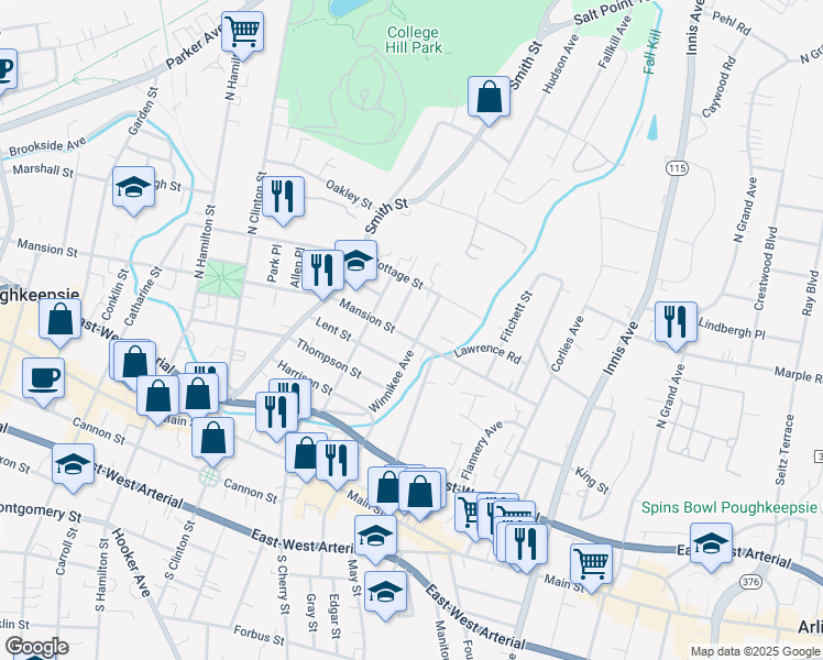 map of restaurants, bars, coffee shops, grocery stores, and more near 333 Mansion Street in Poughkeepsie
