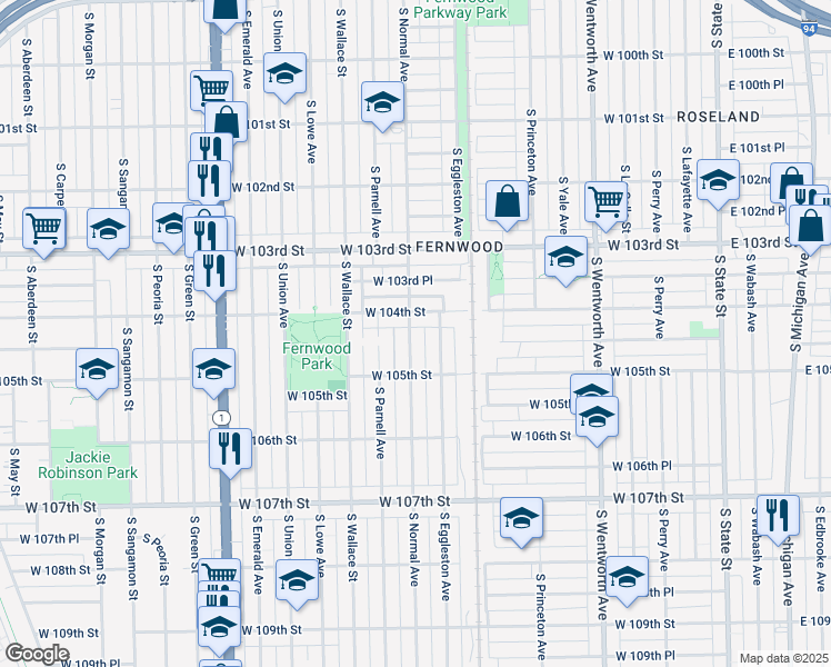 map of restaurants, bars, coffee shops, grocery stores, and more near 10419 South Normal Avenue in Chicago