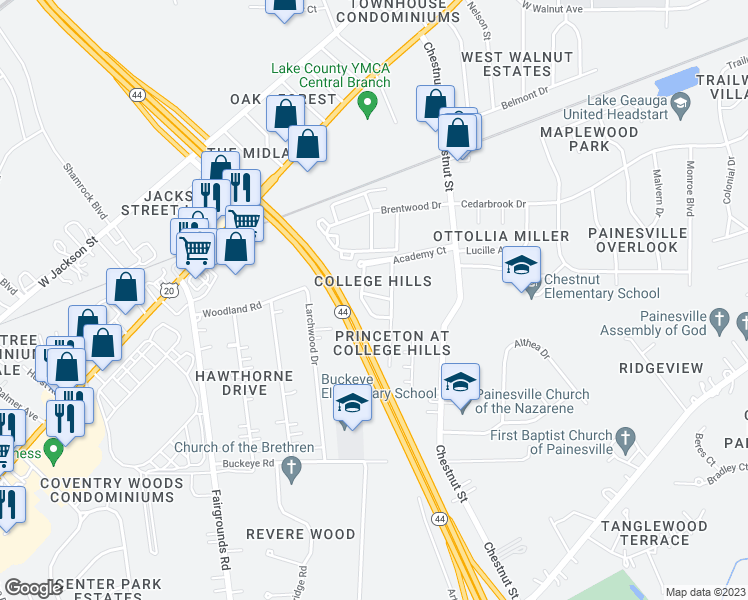 map of restaurants, bars, coffee shops, grocery stores, and more near 999 Marietta Drive in Painesville
