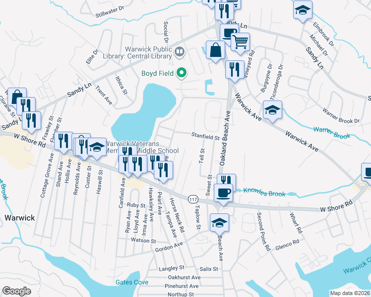 map of restaurants, bars, coffee shops, grocery stores, and more near 24 Kenneth Avenue in Warwick
