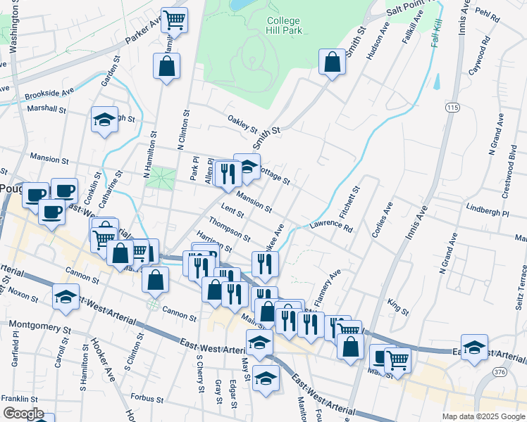 map of restaurants, bars, coffee shops, grocery stores, and more near 320 Mansion Street in Poughkeepsie