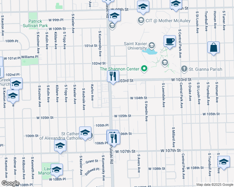 map of restaurants, bars, coffee shops, grocery stores, and more near 10337 South Pulaski Road in Chicago