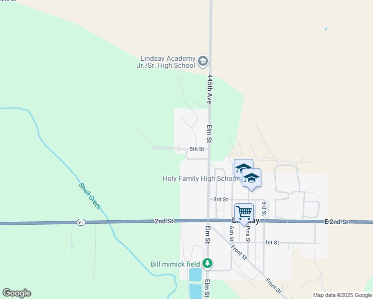 map of restaurants, bars, coffee shops, grocery stores, and more near 6th Street in Lindsay