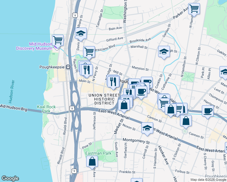 map of restaurants, bars, coffee shops, grocery stores, and more near 15 South Bridge Street in Poughkeepsie