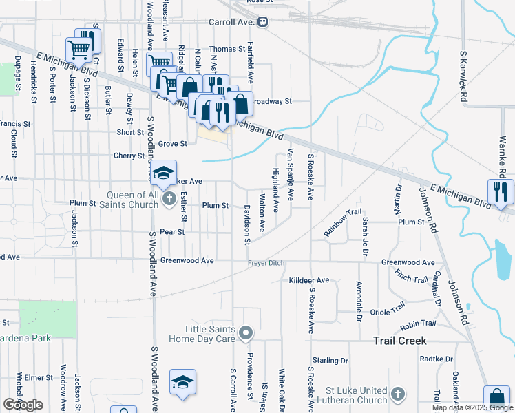map of restaurants, bars, coffee shops, grocery stores, and more near 521 Walton Avenue in Michigan City