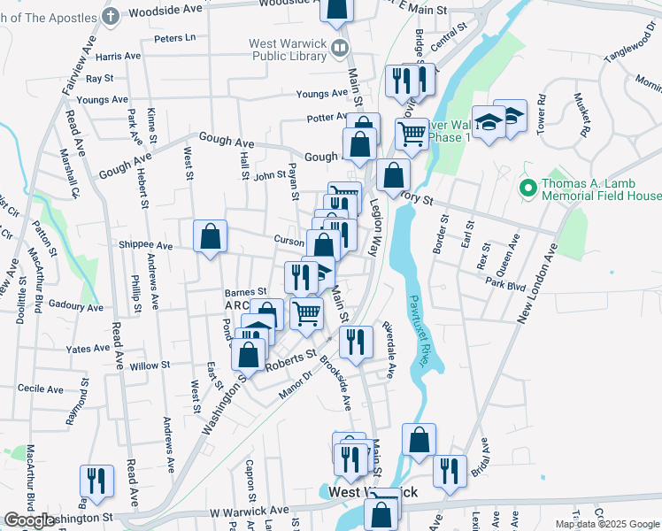 map of restaurants, bars, coffee shops, grocery stores, and more near 1227 Main Street in West Warwick
