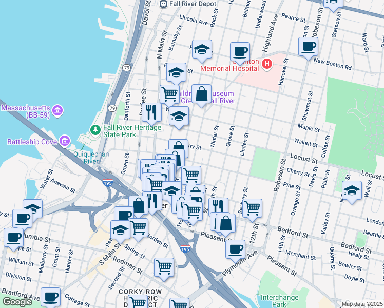 map of restaurants, bars, coffee shops, grocery stores, and more near 203 Rock Street in Fall River