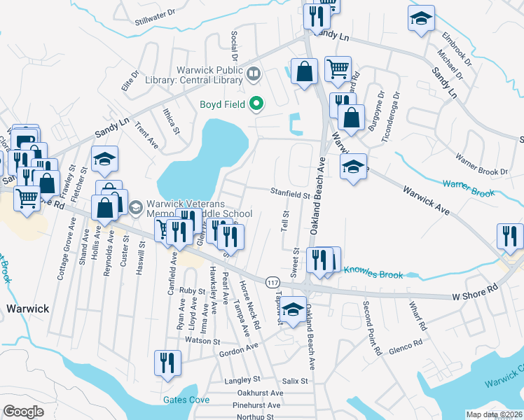 map of restaurants, bars, coffee shops, grocery stores, and more near 24 Kenneth Avenue in Warwick