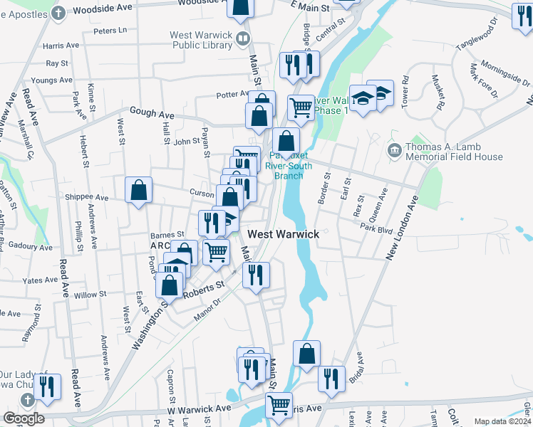 map of restaurants, bars, coffee shops, grocery stores, and more near 28 Saint Mary Street in West Warwick