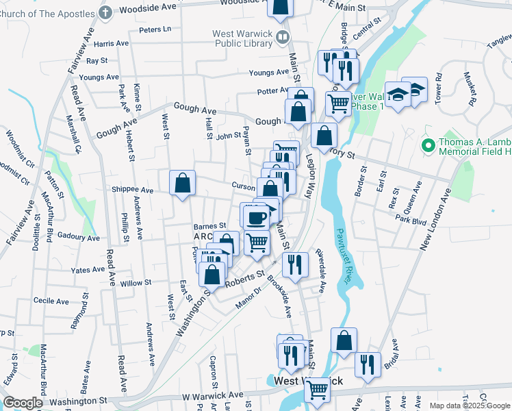 map of restaurants, bars, coffee shops, grocery stores, and more near 14 Gareau Street in West Warwick