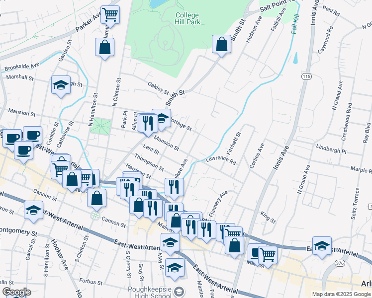 map of restaurants, bars, coffee shops, grocery stores, and more near 326 Mansion Street in Poughkeepsie