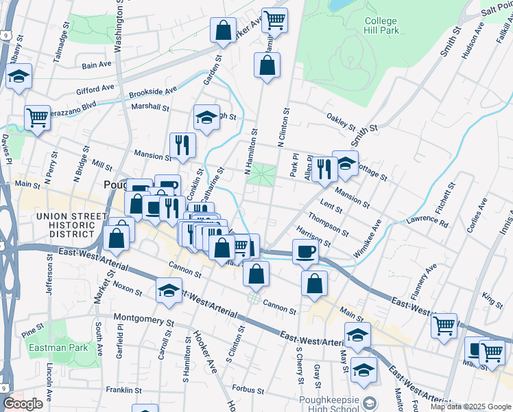 map of restaurants, bars, coffee shops, grocery stores, and more near 8 Thompson Street in Poughkeepsie