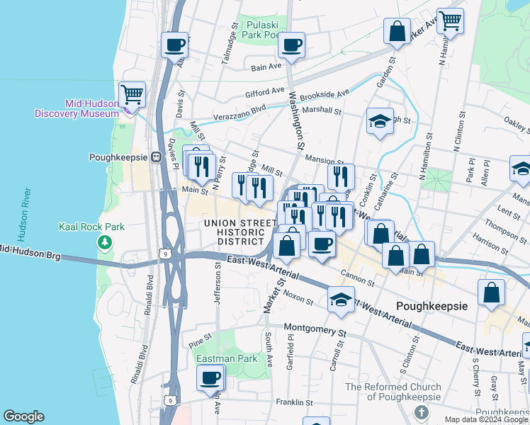 map of restaurants, bars, coffee shops, grocery stores, and more near 220 Main Street in Poughkeepsie