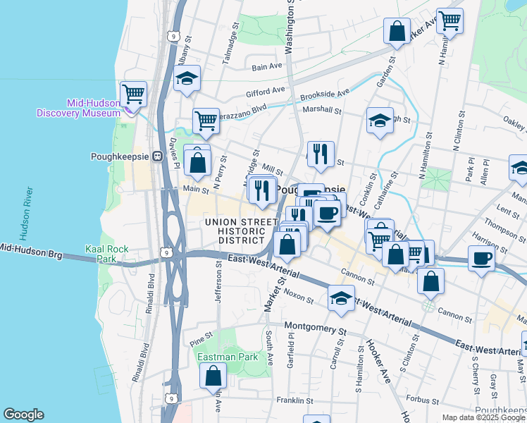 map of restaurants, bars, coffee shops, grocery stores, and more near 220 Main Street in Poughkeepsie