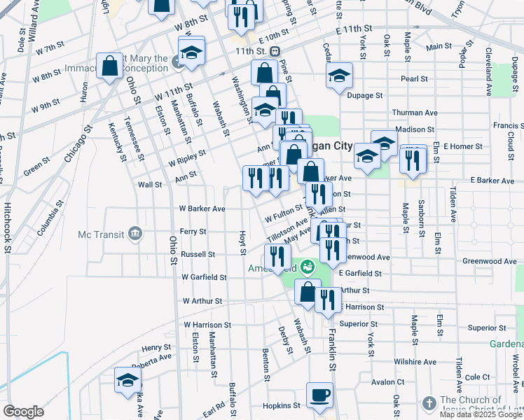 map of restaurants, bars, coffee shops, grocery stores, and more near 201-299 W Fulton St in Michigan City