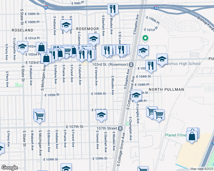 map of restaurants, bars, coffee shops, grocery stores, and more near 10430 South Rhodes Avenue in Chicago