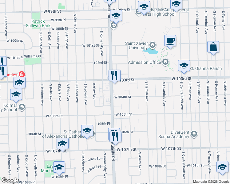 map of restaurants, bars, coffee shops, grocery stores, and more near 10337 South Pulaski Road in Chicago
