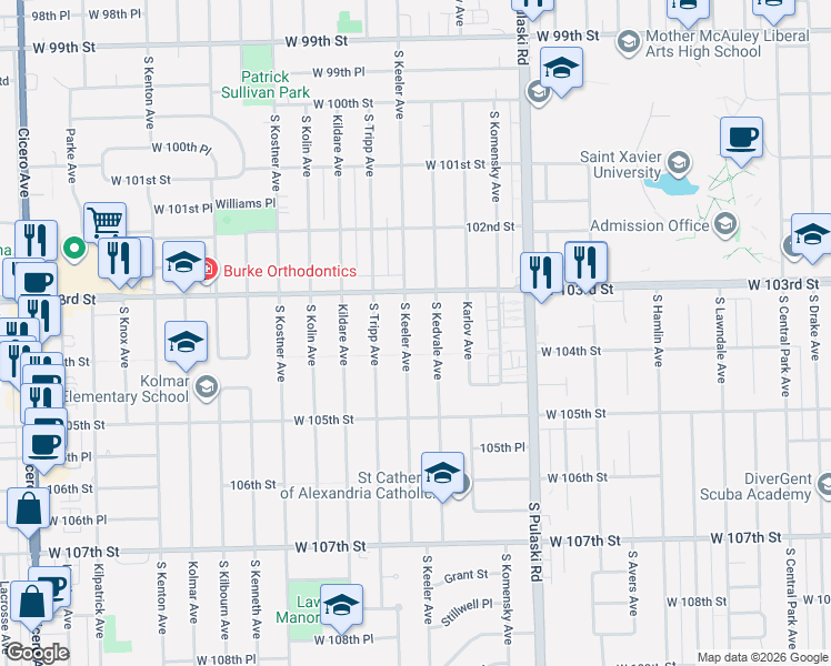 map of restaurants, bars, coffee shops, grocery stores, and more near 10332 South Keeler Avenue in Oak Lawn