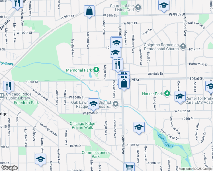 map of restaurants, bars, coffee shops, grocery stores, and more near 10308 Circle Drive in Oak Lawn
