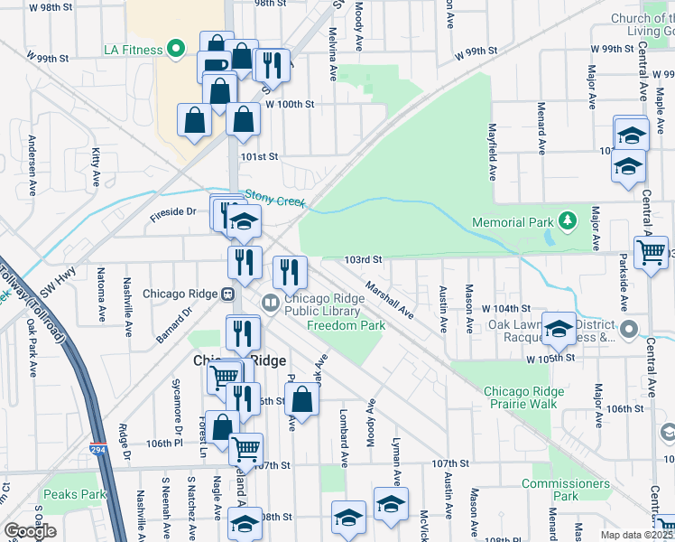 map of restaurants, bars, coffee shops, grocery stores, and more near 6147 Marshall Avenue in Chicago Ridge