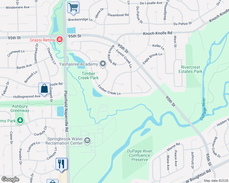 map of restaurants, bars, coffee shops, grocery stores, and more near 3516 Timber Creek Lane in Naperville
