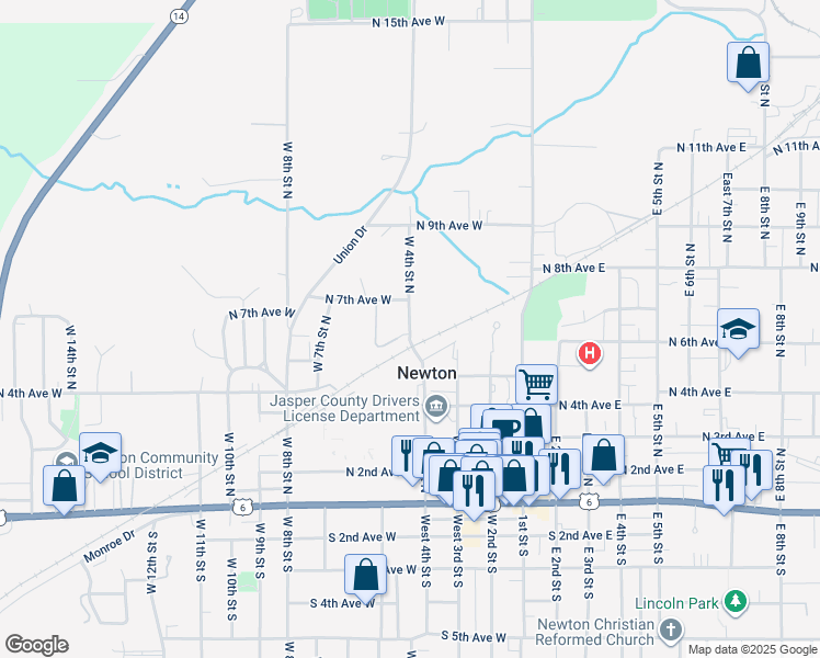 map of restaurants, bars, coffee shops, grocery stores, and more near 604 West 4th Street North in Newton