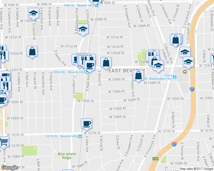 map of restaurants, bars, coffee shops, grocery stores, and more near 1731 West 104th Street in Chicago
