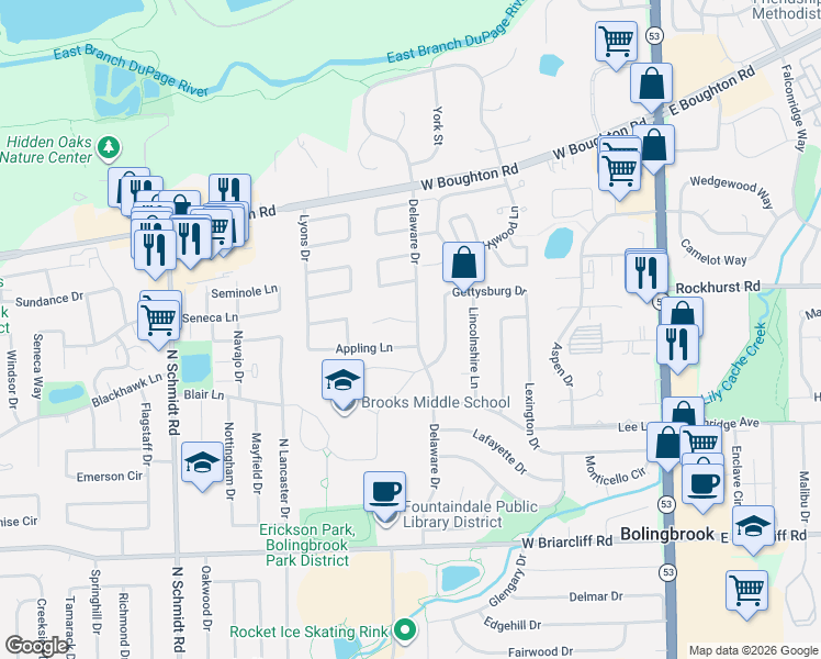 map of restaurants, bars, coffee shops, grocery stores, and more near 301 Pierce Court in Bolingbrook