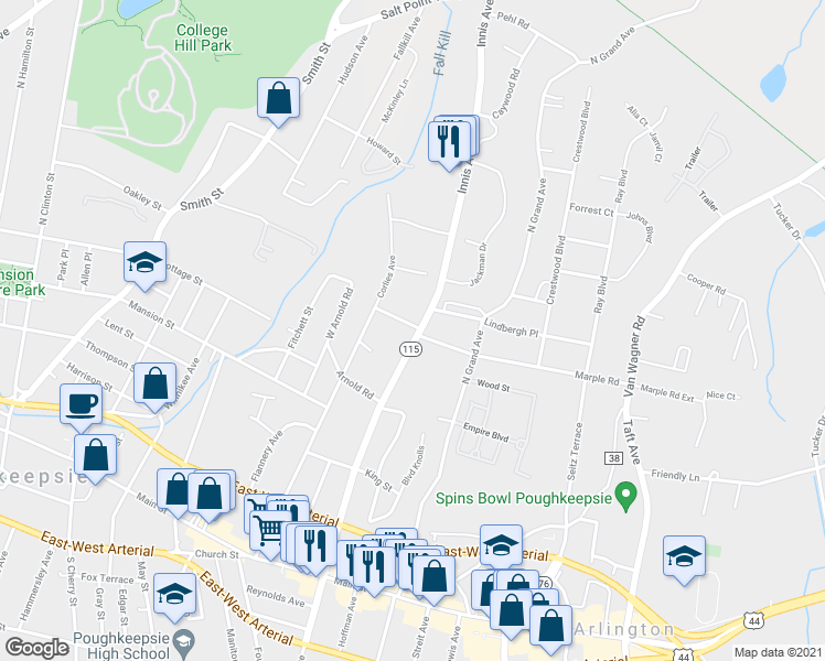 map of restaurants, bars, coffee shops, grocery stores, and more near 122 Innis Avenue in Poughkeepsie