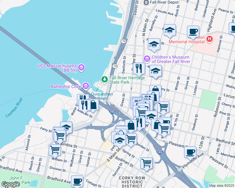 map of restaurants, bars, coffee shops, grocery stores, and more near 321 Pine Street in Fall River