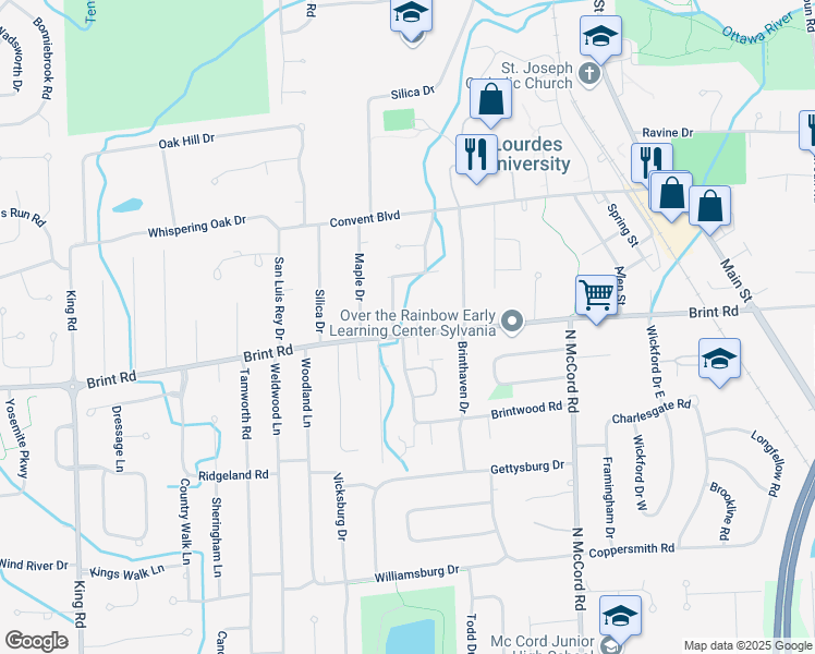 map of restaurants, bars, coffee shops, grocery stores, and more near 6944 Brint Road in Sylvania