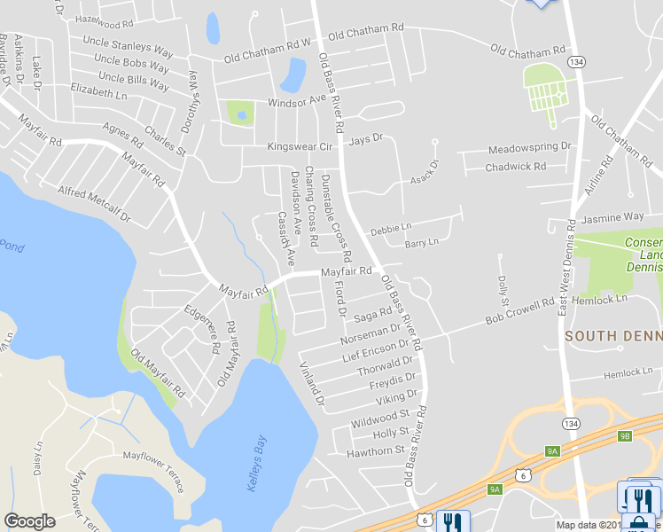 map of restaurants, bars, coffee shops, grocery stores, and more near 30 Mayfair Road in Dennis