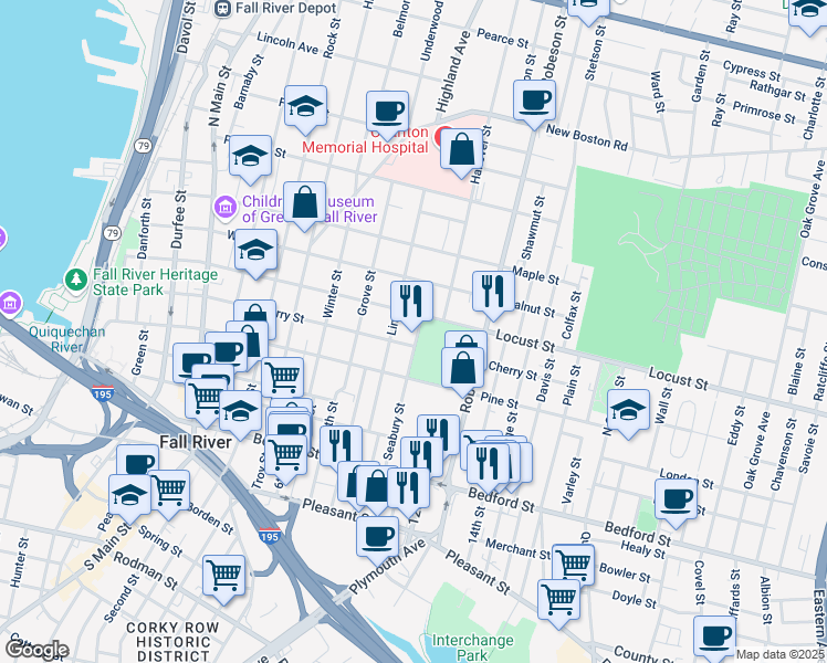 map of restaurants, bars, coffee shops, grocery stores, and more near 292 Seabury Street in Fall River