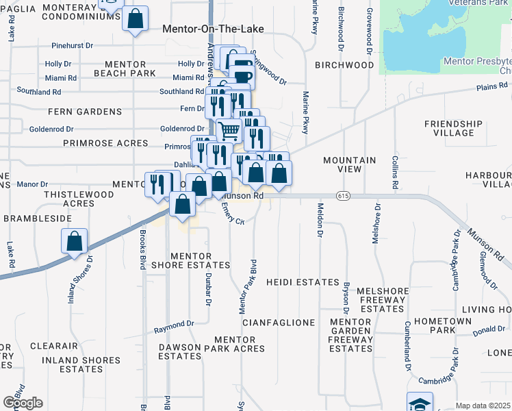 map of restaurants, bars, coffee shops, grocery stores, and more near 7865 Emery Circle in Mentor