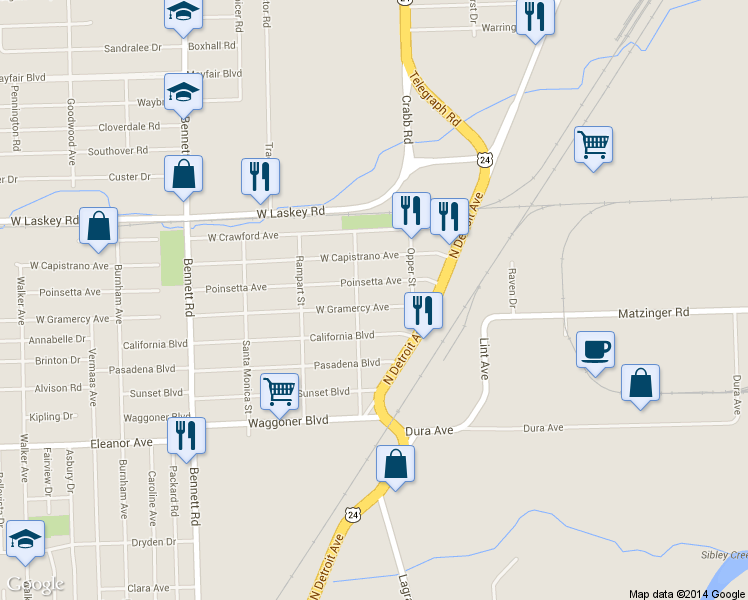 map of restaurants, bars, coffee shops, grocery stores, and more near 42 West Gramercy Avenue in Toledo