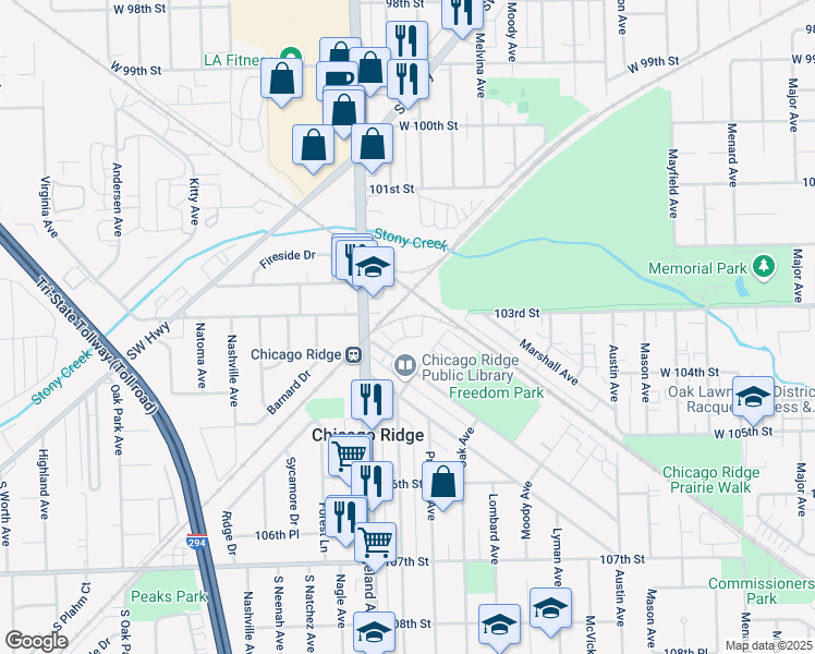 map of restaurants, bars, coffee shops, grocery stores, and more near 10246 Kerry Ridge Court in Chicago Ridge