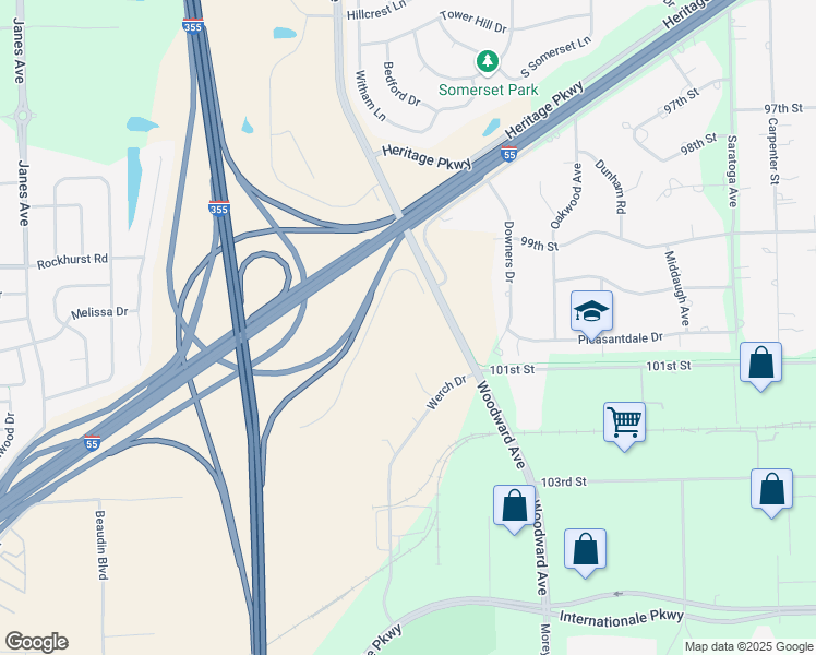 map of restaurants, bars, coffee shops, grocery stores, and more near 10000 Woodward Avenue in Woodridge