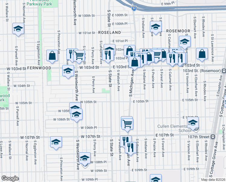 map of restaurants, bars, coffee shops, grocery stores, and more near 10426 South Wabash Avenue in Chicago