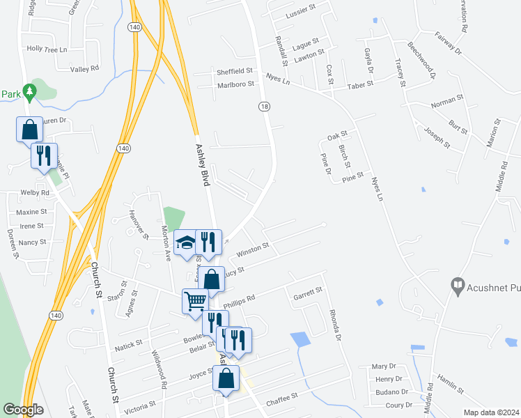 map of restaurants, bars, coffee shops, grocery stores, and more near 3146 Acushnet Avenue in New Bedford