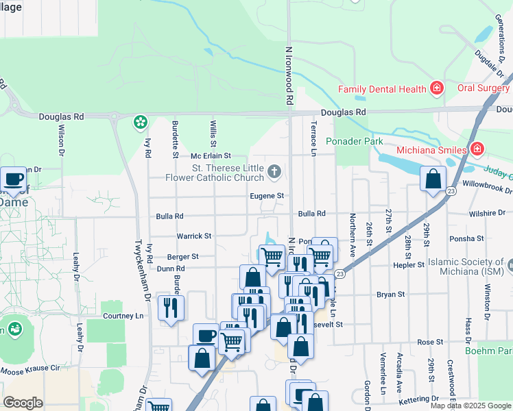 map of restaurants, bars, coffee shops, grocery stores, and more near 18115 Bulla Road in South Bend