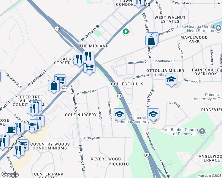 map of restaurants, bars, coffee shops, grocery stores, and more near 47 Larchwood Drive in Painesville